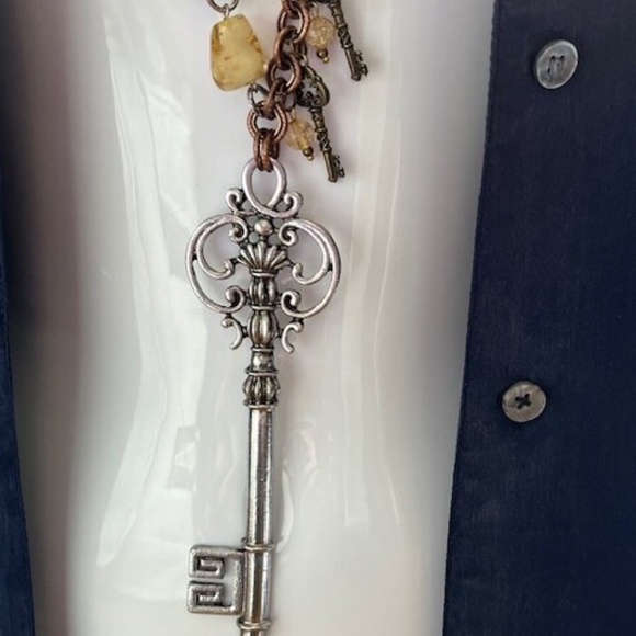 TRESKA Long Necklace Boho Bronze Color Copper Tone Silver Tone Brown Key Cord - Picture 2 of 6